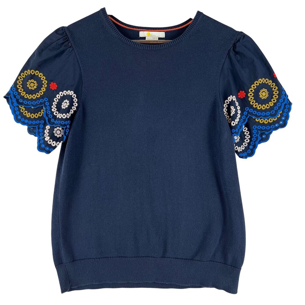 Boden Navy Short-Sleeve Crew Sweater with Multicolor Embroidered Sleeves
